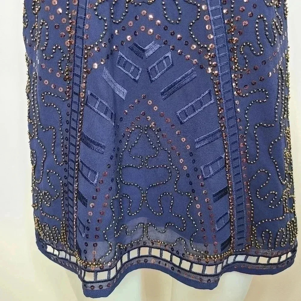 Alga Francescas Navy Blue Silver Bronze Sequin Beaded Art Deco Shift Dress Small - Picture 7 of 14